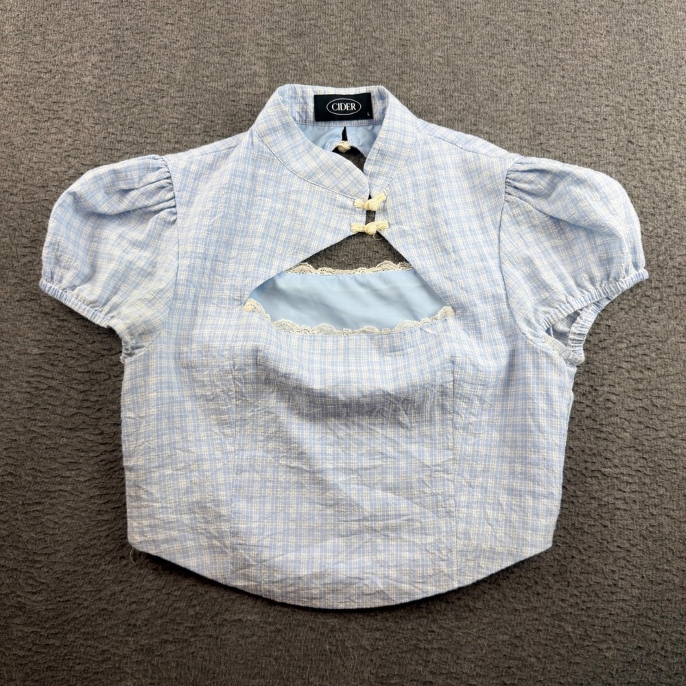 Cider Mandarin Collar Crop Top Womens Large Blue Gingham Cutout Lace Trim Blouse